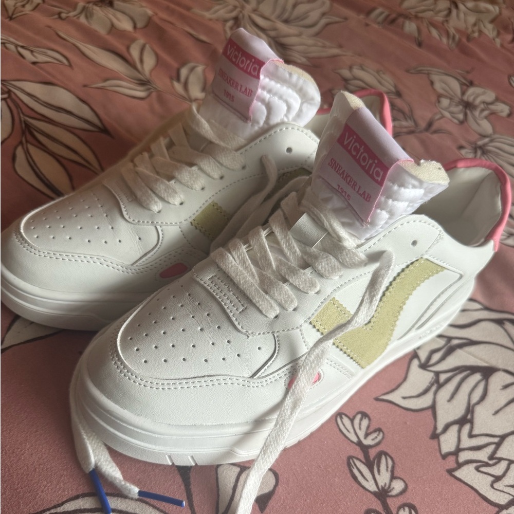 Victoria White Sneakers with pink/green  Accents